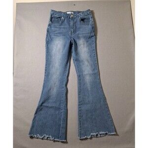 Almost Famous Lace Up Flare Jeans Womens 7 28x31 Boho Raw Hem High Rise Denim